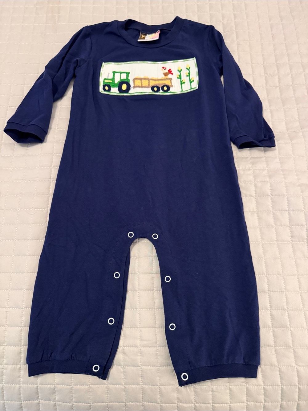 Banana Split 18 months onesie in navy with smocked farm theme